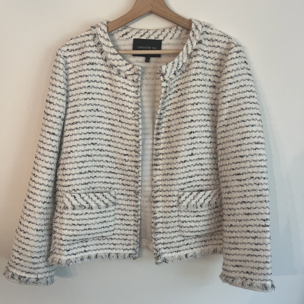 Lafayette 148 New York Tweed Boucle Fringe Cotton Blend Open Front Blazer Large